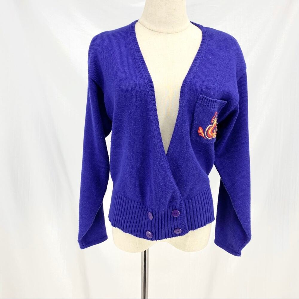 Vintage purple double breasted cardigan sweater hand embroidered size Medium